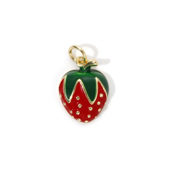 Image de 2 Pcs Breloques Respectueux de la Nature en Laiton Plaqué Or Véritable 18K Rouge Émail Fraises 19mm x 12mm
