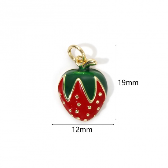 Image de 2 Pcs Breloques Respectueux de la Nature en Laiton Plaqué Or Véritable 18K Rouge Émail Fraises 19mm x 12mm