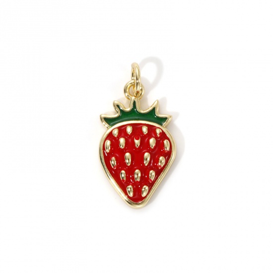 Image de 2 Pcs Breloques Respectueux de la Nature en Laiton Plaqué Or Véritable 18K Rouge Émail Fraises 22mm x 11.5mm