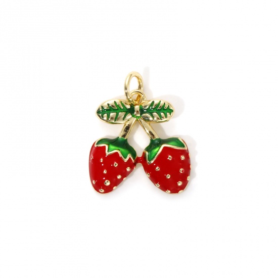 Image de 2 Pcs Breloques Respectueux de la Nature en Laiton Plaqué Or Véritable 18K Rouge Émail Fraises 19mm x 15mm