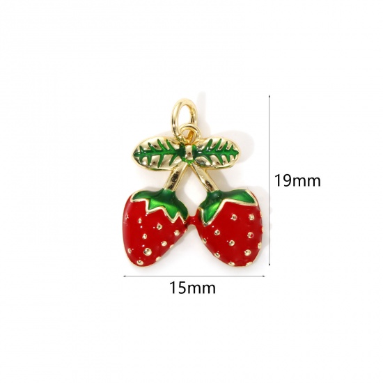 Image de 2 Pcs Breloques Respectueux de la Nature en Laiton Plaqué Or Véritable 18K Rouge Émail Fraises 19mm x 15mm