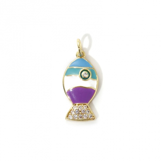 Picture of 2 PCs Eco-friendly Brass Ocean Jewelry Charms 18K Real Gold Plated Multicolor Enamel Fish Animal Clear Cubic Zirconia 22mm x 10mm
