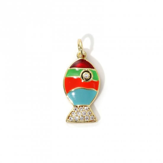 Picture of 2 PCs Eco-friendly Brass Ocean Jewelry Charms 18K Real Gold Plated Multicolor Enamel Fish Animal Clear Cubic Zirconia 22mm x 10mm