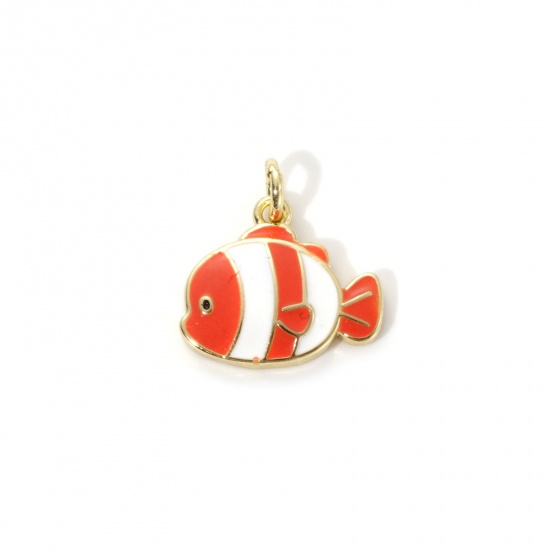 Picture of 2 PCs Eco-friendly Brass Ocean Jewelry Charms 18K Real Gold Plated White & Orange Enamel Fish Animal 13mm x 13mm