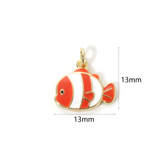 Picture of 2 PCs Eco-friendly Brass Ocean Jewelry Charms 18K Real Gold Plated White & Orange Enamel Fish Animal 13mm x 13mm