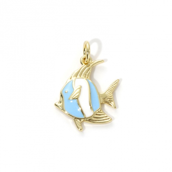 Picture of 2 PCs Eco-friendly Brass Ocean Jewelry Charms 18K Real Gold Plated Light Blue Enamel Goldfish 21mm x 14mm