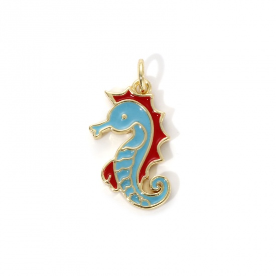 Picture of 2 PCs Eco-friendly Brass Ocean Jewelry Charms 18K Real Gold Plated Blue Enamel Seahorse Animal 22mm x 12mm