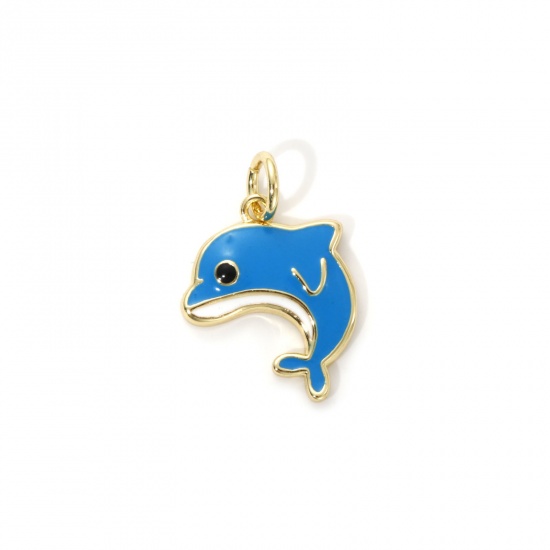 Picture of 2 PCs Eco-friendly Brass Ocean Jewelry Charms 18K Real Gold Plated Skyblue Enamel Dolphin Animal 19mm x 13mm