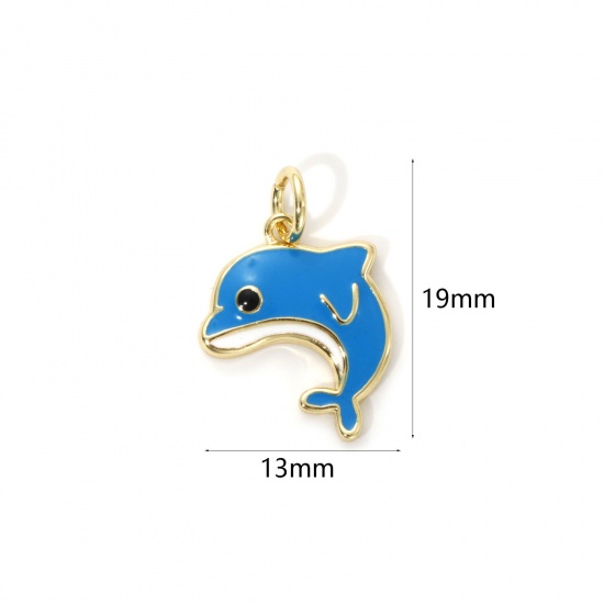 Picture of 2 PCs Eco-friendly Brass Ocean Jewelry Charms 18K Real Gold Plated Skyblue Enamel Dolphin Animal 19mm x 13mm