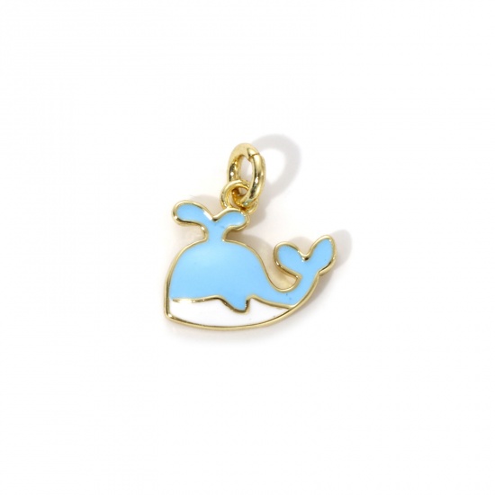 Picture of 2 PCs Eco-friendly Brass Ocean Jewelry Charms 18K Real Gold Plated Light Blue Enamel Whale Animal 12mm x 11mm