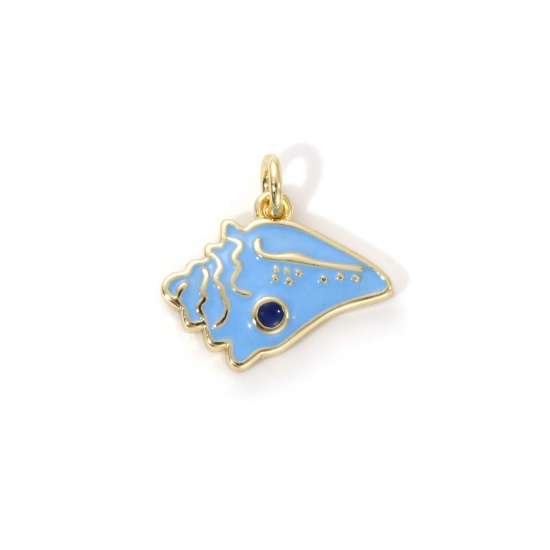 Picture of 2 PCs Eco-friendly Brass Charms 18K Real Gold Plated Blue Enamel Conch/ Sea Snail 14mm x 14mm
