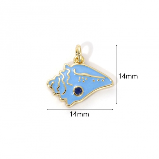 Picture of 2 PCs Eco-friendly Brass Charms 18K Real Gold Plated Blue Enamel Conch/ Sea Snail 14mm x 14mm