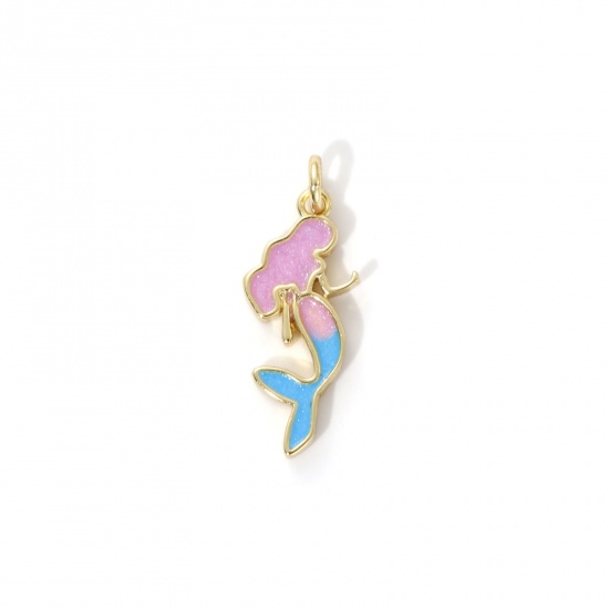 Picture of 2 PCs Eco-friendly Brass Fairy Tale Collection Charms 18K Real Gold Plated Blue & Pink Enamel Mermaid Pearlized 20mm x 8mm