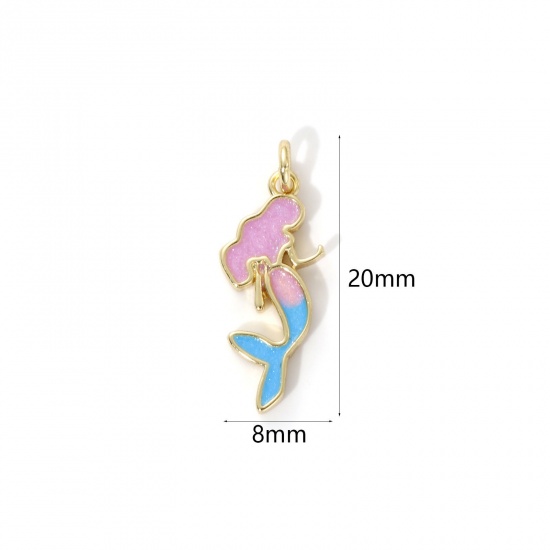 Picture of 2 PCs Eco-friendly Brass Fairy Tale Collection Charms 18K Real Gold Plated Blue & Pink Enamel Mermaid Pearlized 20mm x 8mm