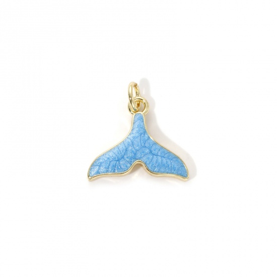 Picture of 2 PCs Eco-friendly Brass Ocean Jewelry Charms 18K Real Gold Plated Blue Enamel Whale Tail Pearlized 17mm x 17mm