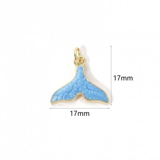 Picture of 2 PCs Eco-friendly Brass Ocean Jewelry Charms 18K Real Gold Plated Blue Enamel Whale Tail Pearlized 17mm x 17mm