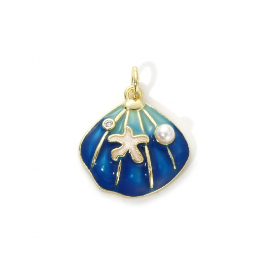 Picture of 2 PCs Eco-friendly Brass Ocean Jewelry Charms 18K Real Gold Plated Dark Blue Enamel Shell Star Fish Acrylic Imitation Pearl Clear Cubic Zirconia 21mm x 17mm