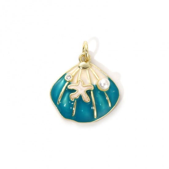 Picture of 2 PCs Eco-friendly Brass Ocean Jewelry Charms 18K Real Gold Plated Peacock Green Enamel Shell Star Fish Acrylic Imitation Pearl Clear Cubic Zirconia 21mm x 17mm