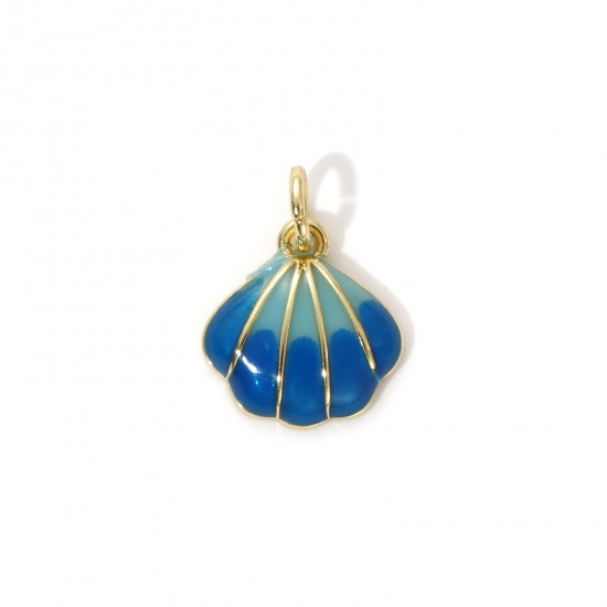 Picture of 2 PCs Eco-friendly Brass Ocean Jewelry Charms 18K Real Gold Plated Dark Blue Enamel Shell 16mm x 12mm
