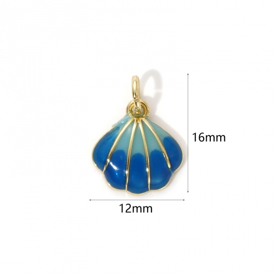 Picture of 2 PCs Eco-friendly Brass Ocean Jewelry Charms 18K Real Gold Plated Dark Blue Enamel Shell 16mm x 12mm