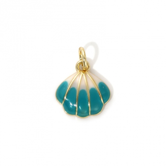 Picture of 2 PCs Eco-friendly Brass Ocean Jewelry Charms 18K Real Gold Plated Peacock Green Enamel Shell 16mm x 12mm