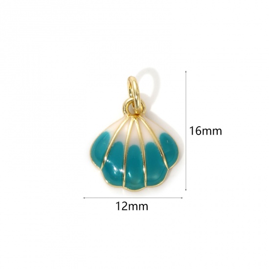 Picture of 2 PCs Eco-friendly Brass Ocean Jewelry Charms 18K Real Gold Plated Peacock Green Enamel Shell 16mm x 12mm