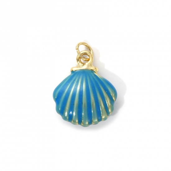 Picture of 2 PCs Eco-friendly Brass Ocean Jewelry Charms 18K Real Gold Plated Blue Enamel Shell 3D 22mm x 15.5mm