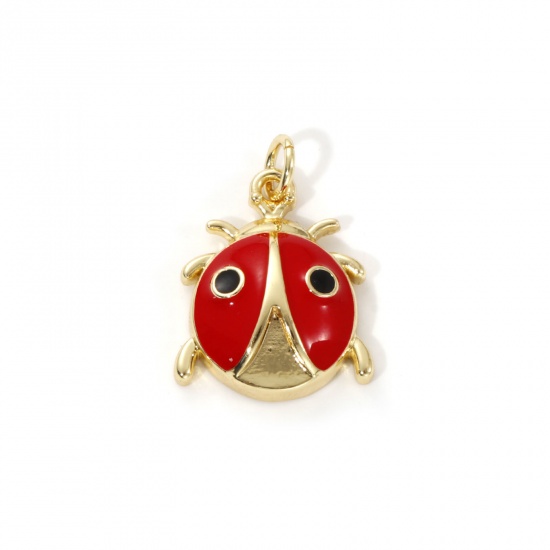Picture of 2 PCs Eco-friendly Brass Insect Charms 18K Real Gold Plated Red Enamel Ladybug Animal 21mm x 15mm