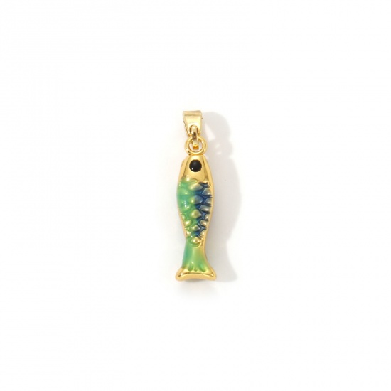 Image de 2 Pcs Pendentif Breloque Bijoux d'Océan en Laiton Plaqué Or 18K Vert Clair Émail Poisson 3D 25mm x 5mm