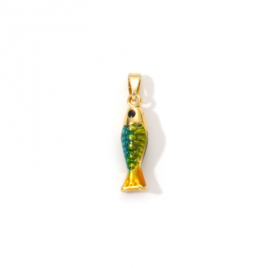 Image de 2 Pcs Pendentif Breloque Bijoux d'Océan en Laiton Plaqué Or 18K Vert Paon Émail Poisson 3D 25mm x 5mm