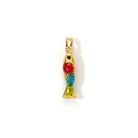Image de 2 Pcs Pendentif Breloque Bijoux d'Océan en Laiton Plaqué Or 18K Multicolore Émail Poisson 3D 25mm x 5mm