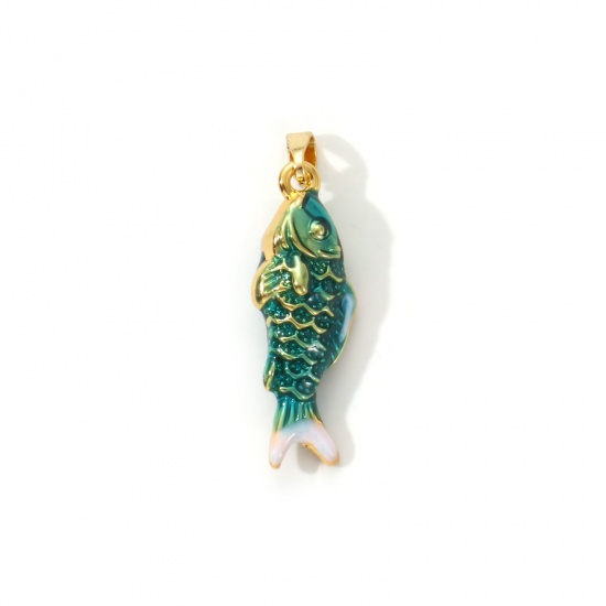 Image de 2 Pcs Pendentifs Bijoux d'Océan en Laiton Plaqué Or 18K Vert Paon Émail Poisson 3D 3.3cm x 1cm