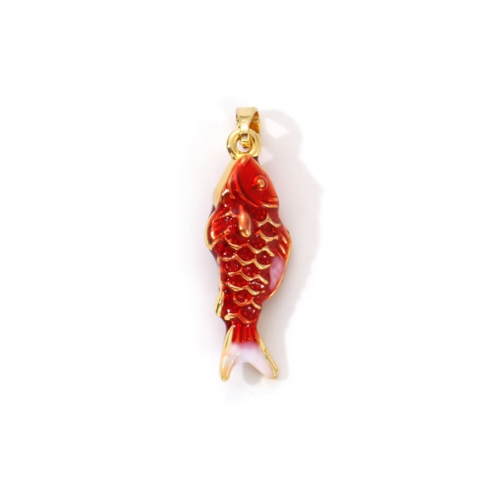 Image de 2 Pcs Pendentifs Bijoux d'Océan en Laiton Plaqué Or 18K Rouge Émail Poisson 3D 3.3cm x 1cm