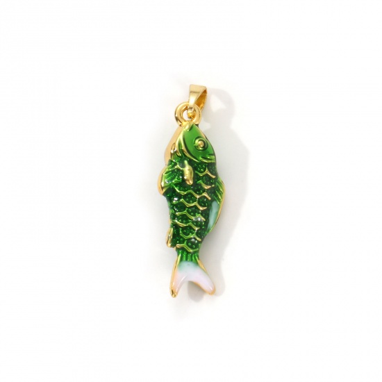 Image de 2 Pcs Pendentifs Bijoux d'Océan en Laiton Plaqué Or 18K Vert Émail Poisson 3D 3.3cm x 1cm