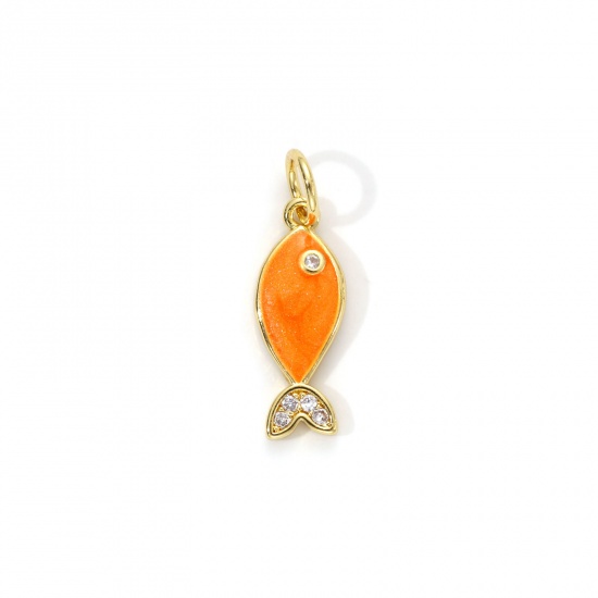 Imagen de 1 Unidad Respetuoso del Medio Ambiente Latón Joyería del océano Colgantes 18K Oro Real Chapado Naranja Esmalte Pez Perlado Claro Circón Artificial 19mm x 6mm