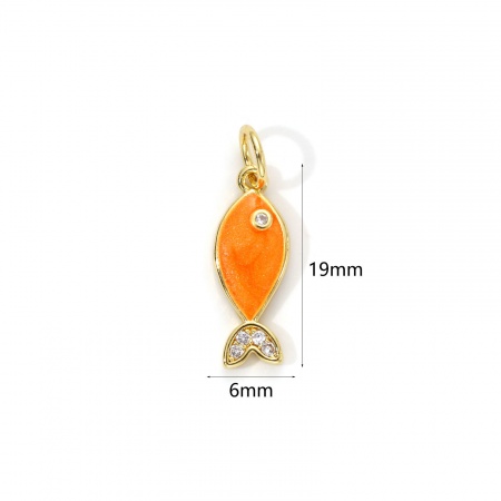 Picture of 1 Piece Eco-friendly Brass Ocean Jewelry Charms 18K Real Gold Plated Orange Enamel Fish Animal Pearlized Clear Cubic Zirconia 19mm x 6mm