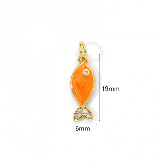 Imagen de 1 Unidad Respetuoso del Medio Ambiente Latón Joyería del océano Colgantes 18K Oro Real Chapado Naranja Esmalte Pez Perlado Claro Circón Artificial 19mm x 6mm