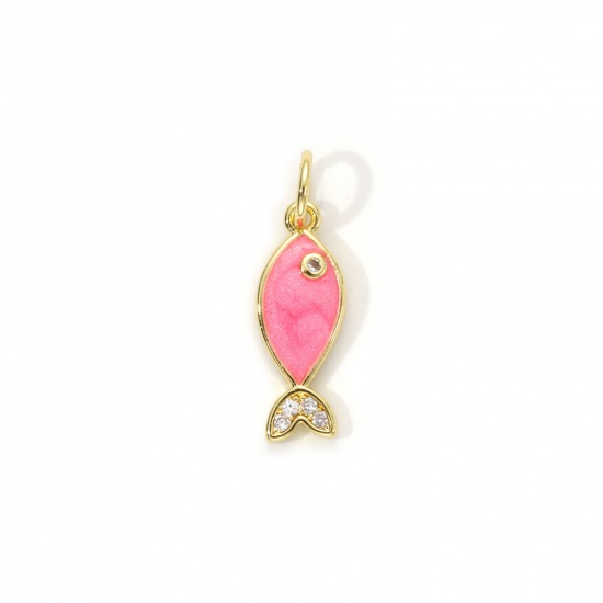 Imagen de 1 Unidad Respetuoso del Medio Ambiente Latón Joyería del océano Colgantes 18K Oro Real Chapado Rosado Esmalte Pez Perlado Claro Circón Artificial 19mm x 6mm