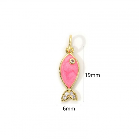 Picture of 1 Piece Eco-friendly Brass Ocean Jewelry Charms 18K Real Gold Plated Pink Enamel Fish Animal Pearlized Clear Cubic Zirconia 19mm x 6mm