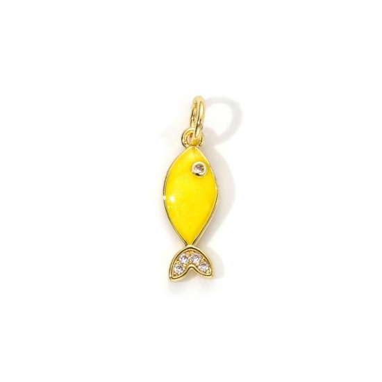 Imagen de 1 Unidad Respetuoso del Medio Ambiente Latón Joyería del océano Colgantes 18K Oro Real Chapado Amarillo Esmalte Pez Perlado Claro Circón Artificial 19mm x 6mm
