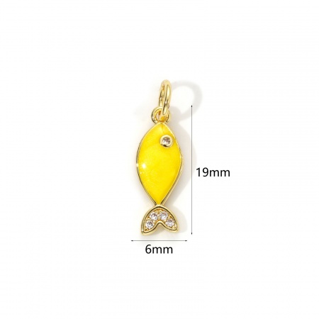 Picture of 1 Piece Eco-friendly Brass Ocean Jewelry Charms 18K Real Gold Plated Yellow Enamel Fish Animal Pearlized Clear Cubic Zirconia 19mm x 6mm