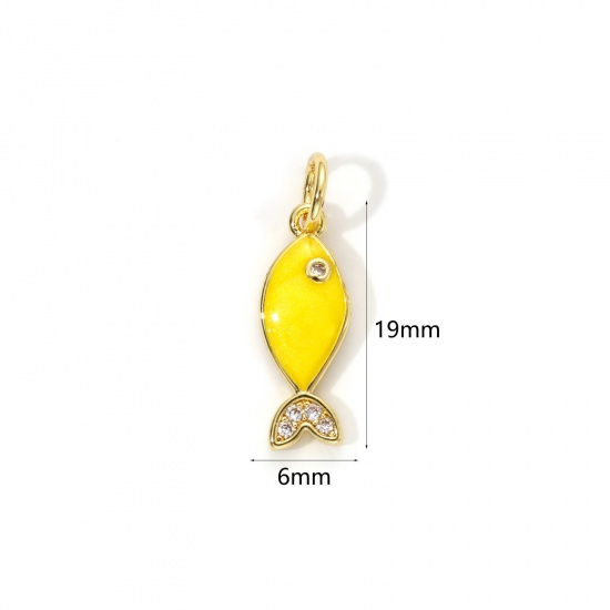 Imagen de 1 Unidad Respetuoso del Medio Ambiente Latón Joyería del océano Colgantes 18K Oro Real Chapado Amarillo Esmalte Pez Perlado Claro Circón Artificial 19mm x 6mm