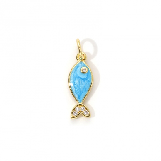 Imagen de 1 Unidad Respetuoso del Medio Ambiente Latón Joyería del océano Colgantes 18K Oro Real Chapado Azul Esmalte Pez Perlado Claro Circón Artificial 19mm x 6mm