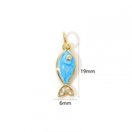 Picture of 1 Piece Eco-friendly Brass Ocean Jewelry Charms 18K Real Gold Plated Blue Enamel Fish Animal Pearlized Clear Cubic Zirconia 19mm x 6mm