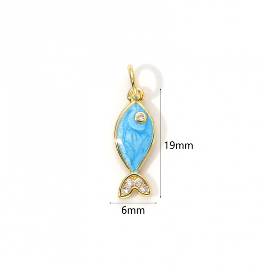 Imagen de 1 Unidad Respetuoso del Medio Ambiente Latón Joyería del océano Colgantes 18K Oro Real Chapado Azul Esmalte Pez Perlado Claro Circón Artificial 19mm x 6mm