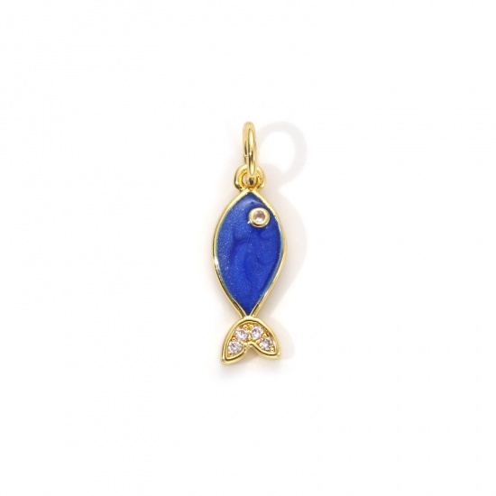 Imagen de 1 Unidad Respetuoso del Medio Ambiente Latón Joyería del océano Colgantes 18K Oro Real Chapado Azul Oscuro Esmalte Pez Perlado Claro Circón Artificial 19mm x 6mm