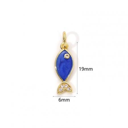 Picture of 1 Piece Eco-friendly Brass Ocean Jewelry Charms 18K Real Gold Plated Dark Blue Enamel Fish Animal Pearlized Clear Cubic Zirconia 19mm x 6mm