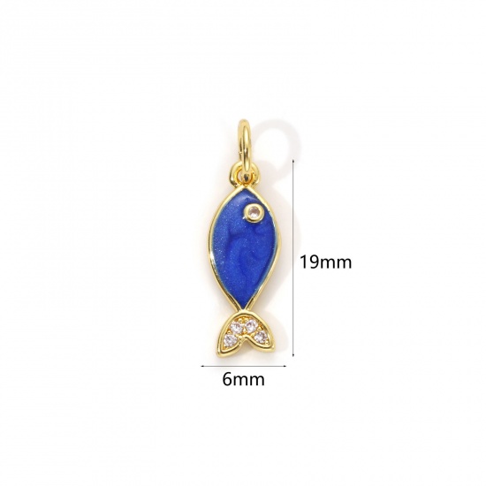 Imagen de 1 Unidad Respetuoso del Medio Ambiente Latón Joyería del océano Colgantes 18K Oro Real Chapado Azul Oscuro Esmalte Pez Perlado Claro Circón Artificial 19mm x 6mm