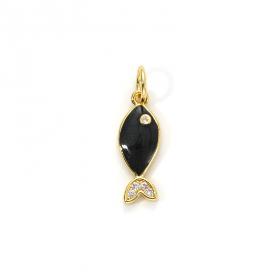 Imagen de 1 Unidad Respetuoso del Medio Ambiente Latón Joyería del océano Colgantes 18K Oro Real Chapado Negro Esmalte Pez Perlado Claro Circón Artificial 19mm x 6mm