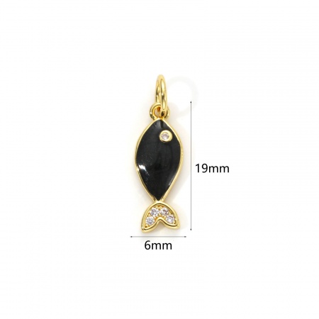 Picture of 1 Piece Eco-friendly Brass Ocean Jewelry Charms 18K Real Gold Plated Black Enamel Fish Animal Pearlized Clear Cubic Zirconia 19mm x 6mm
